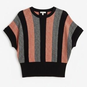 A Knitch Above Stripe Knit Sweater VTG Short Dolman Sleeve Black Coral Grey Sz S